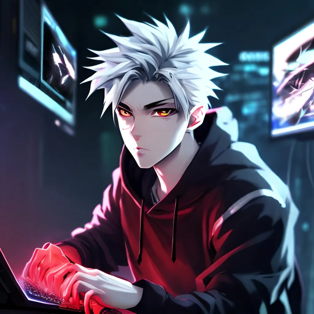 Prompt: Handsome anime boy with white hair, intense red eyes, wearing a black hoodie, playing video game on a high-tech gaming PC, detailed eyes, sleek design, cool tones, futuristic setting, professional, atmospheric lighting, anime style, cyberpunk, gaming, intense focus, best quality, highres, ultra-detailed