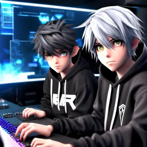 Prompt: an anime boy with a white hair and black hoodies play a game on a gaming pc's