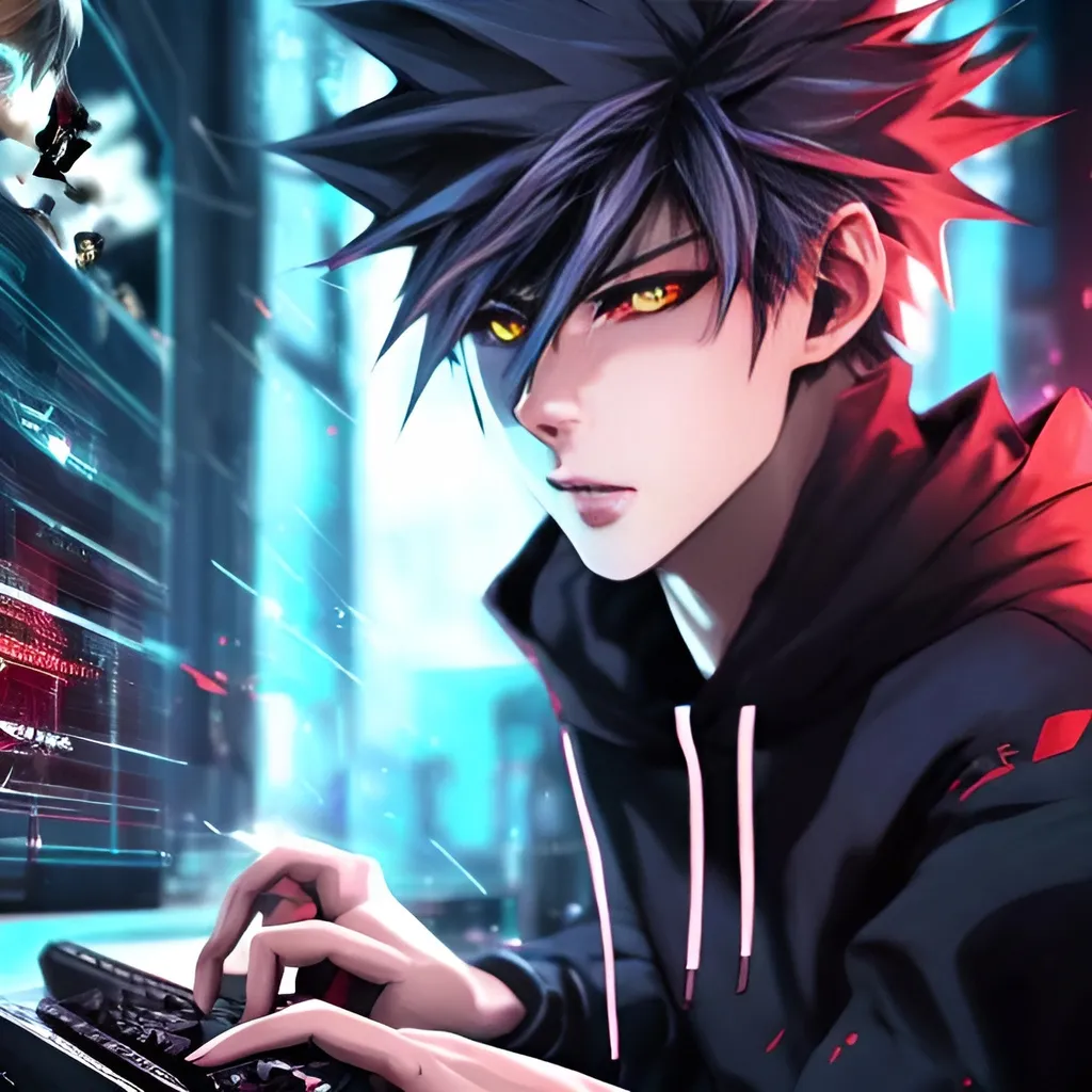 Prompt: Handsome anime boy with white hair, intense red eyes, wearing a black hoodie, playing video game on a high-tech gaming PC, detailed eyes, sleek design, cool tones, futuristic setting, professional, atmospheric lighting, anime style, cyberpunk, gaming, intense focus, best quality, highres, ultra-detailed