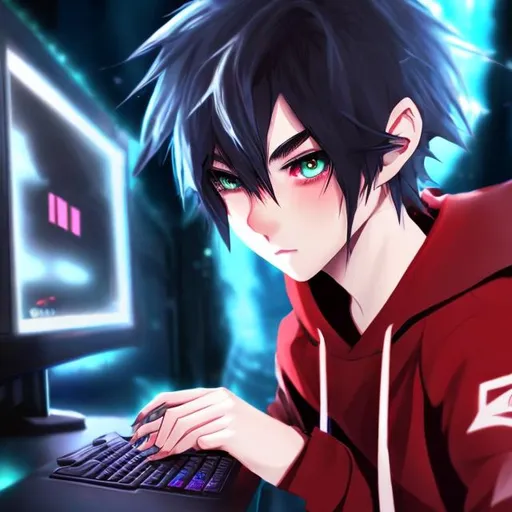 Prompt: an anime boy have white hair, red eyes, wearing a black hoodies and he play a game on a gaming pc