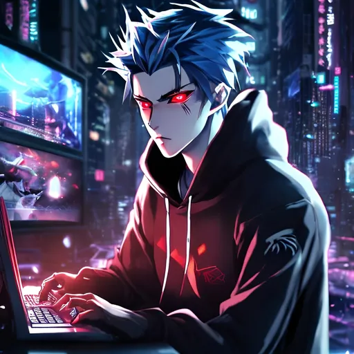 Prompt: Handsome anime boy with white hair, intense red eyes, wearing a black hoodie, playing video game on a high-tech gaming PC, detailed eyes, sleek design, cool tones, futuristic setting, professional, atmospheric lighting, anime style, cyberpunk, gaming, intense focus, best quality, highres, ultra-detailed
