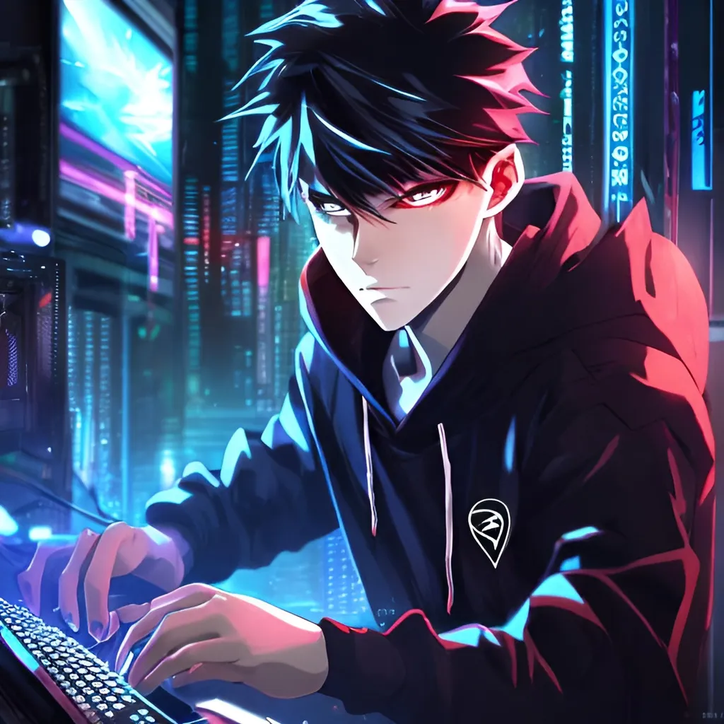 Prompt: Handsome anime boy with white hair, intense red eyes, wearing a black hoodie, playing video game on a high-tech gaming PC, detailed eyes, sleek design, cool tones, futuristic setting, professional, atmospheric lighting, anime style, cyberpunk, gaming, intense focus, best quality, highres, ultra-detailed