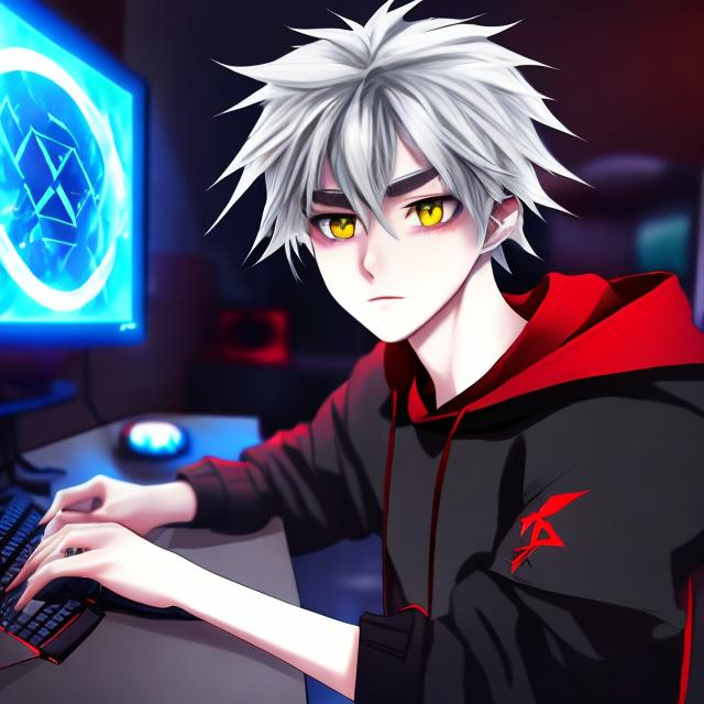 Prompt: a handsome anime boy have white hair, red eyes, and he wearing a black hoodies and he play a game on a gaming pc