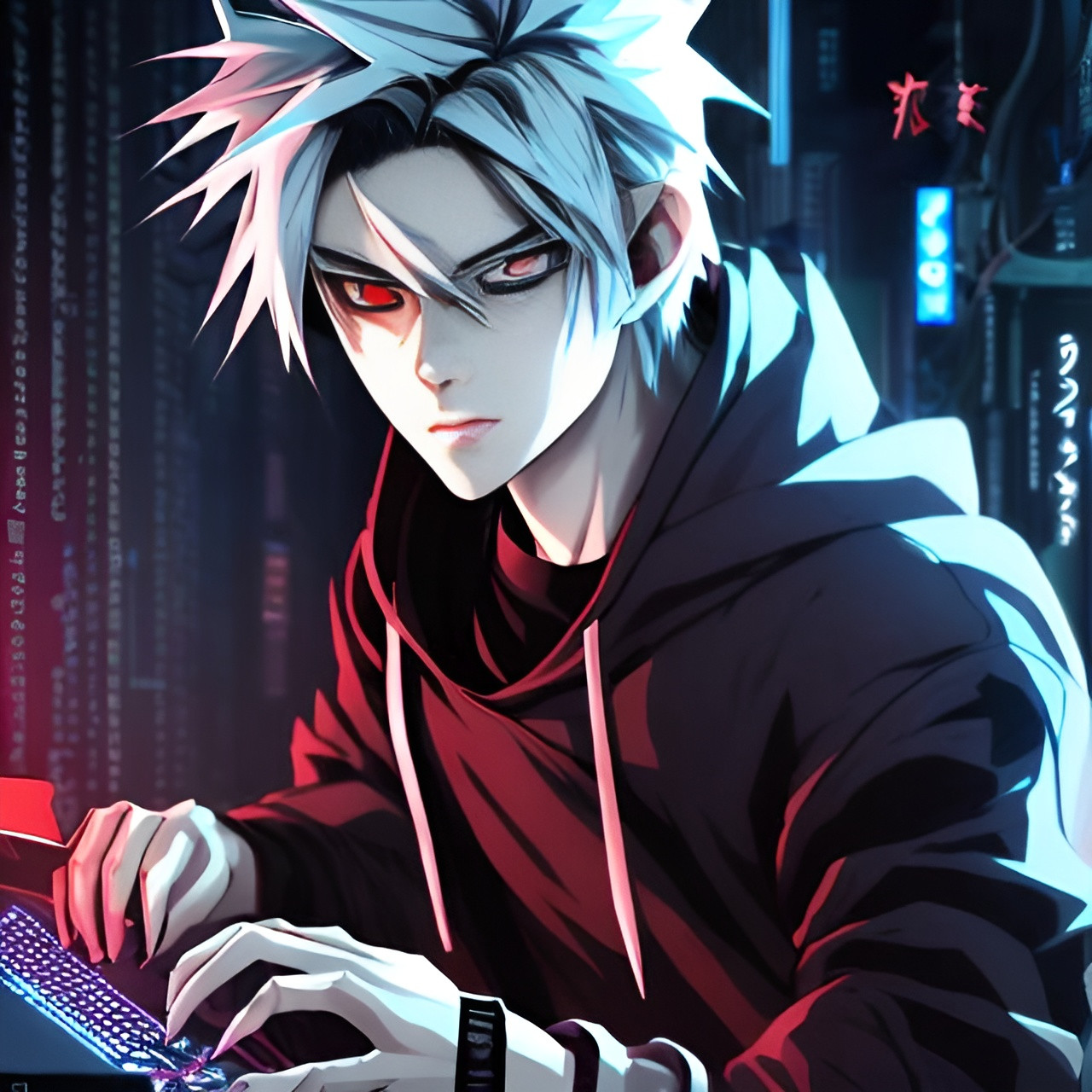 Handsome anime boy with white hair, intense red eyes...