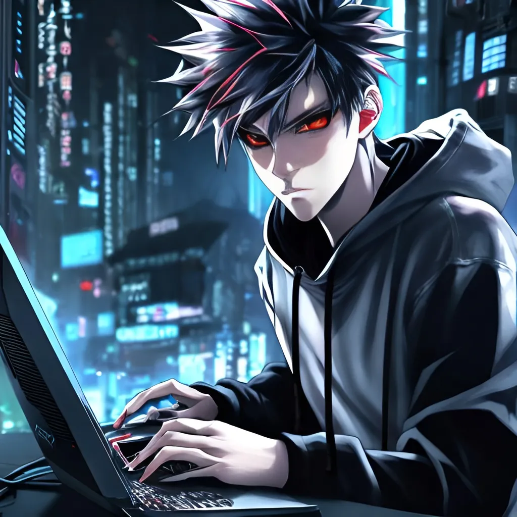 Prompt: Handsome anime boy with white hair, intense red eyes, wearing a black hoodie, playing video game on a high-tech gaming PC, detailed eyes, sleek design, cool tones, futuristic setting, professional, atmospheric lighting, anime style, cyberpunk, gaming, intense focus, best quality, highres, ultra-detailed