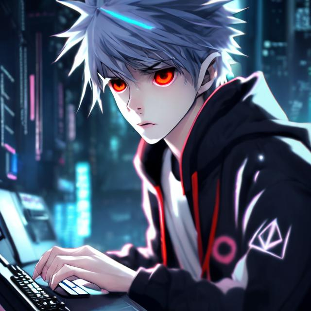 Prompt: cute anime boy with white hair, intense red eyes, wearing a black hoodie, playing video game on a high-tech gaming PC, detailed eyes, sleek design, cool tones, futuristic setting, professional, atmospheric lighting, anime style, cyberpunk, gaming, intense focus, best quality, highres, ultra-detailed