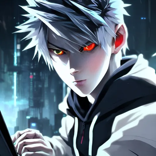 Prompt: Handsome anime boy with white hair, intense red eyes, wearing a black hoodie, playing video game on a high-tech gaming PC, detailed eyes, sleek design, cool tones, futuristic setting, professional, atmospheric lighting, anime style, cyberpunk, gaming, intense focus, best quality, highres, ultra-detailed