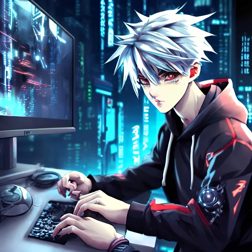 Prompt: cute anime boy with white hair, intense red eyes, wearing a black hoodie, playing video game on a high-tech gaming PC, detailed eyes, sleek design, cool tones, futuristic setting, professional, atmospheric lighting, anime style, cyberpunk, gaming, intense focus, best quality, highres, ultra-detailed