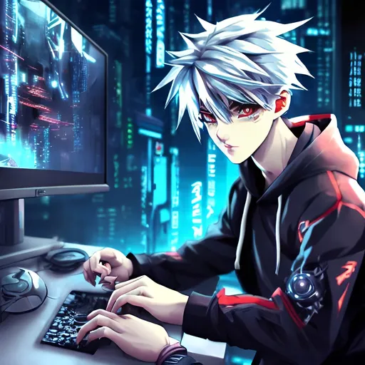 Prompt: cute anime boy with white hair, intense red eyes, wearing a black hoodie, playing video game on a high-tech gaming PC, detailed eyes, sleek design, cool tones, futuristic setting, professional, atmospheric lighting, anime style, cyberpunk, gaming, intense focus, best quality, highres, ultra-detailed