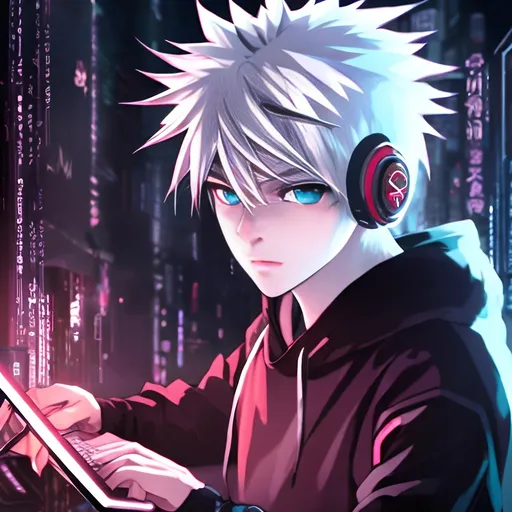 Prompt: cute anime boy with white hair, intense red eyes, wearing a black hoodie, playing video game on a high-tech gaming PC, detailed eyes, sleek design, cool tones, futuristic setting, professional, atmospheric lighting, anime style, cyberpunk, gaming, intense focus, best quality, highres, ultra-detailed