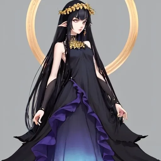 Prompt: Create a girl. Tall, thin, with broad shoulders. Pale skin. Sharp face. The eyes are purple. Black hair on two sides, the animal is smooth, with needles sticking out to the bottom, like a hedgehog. On the ears are rows of black pearls. On the head is a laurel wreath - green. A girl in a blue dress, which becomes blue towards the bottom with a gradient. Dress in black pearls. A golden glow surrounds the girl.