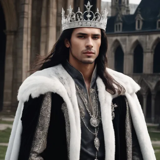 Prompt: Create a young, black-haired king of ice with a beautiful majestic crown on his head, a good stately figure, expensive clothes. The main thing is that he should look like an ice king. He must have long straight hair. The crown should be silver, flecked with ice and sharp. Look 25-27 years old. He must be of European appearance. In the Gothic style.