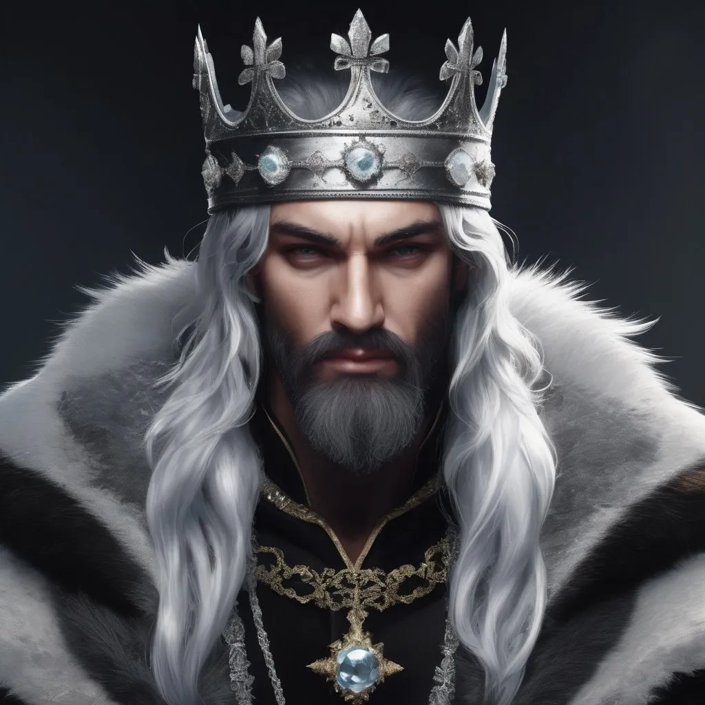 Prompt: Create a young, black-haired king of ice with a beautiful majestic crown on his head, a good stately figure, expensive clothes. The main thing is that he should look like an ice king. He must have long straight hair. The crown should be silver, flecked with ice and sharp. He must be beardless and look 25-27 years old. He must be of European appearance and without a beard. In the Gothic style.