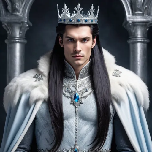 Prompt: Create a young, black-haired king of ice with a beautiful majestic crown on his head, a good stately figure, expensive clothes. The main thing is that he should look like an ice king. He must have long straight hair. The crown should be silver, flecked with ice and sharp. Look 25-27 years old. He must be of European appearance. In the Gothic style.