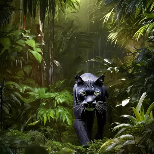 Prompt: A black puma walks proudly through a dense, dangerous, overgrown jungle.
