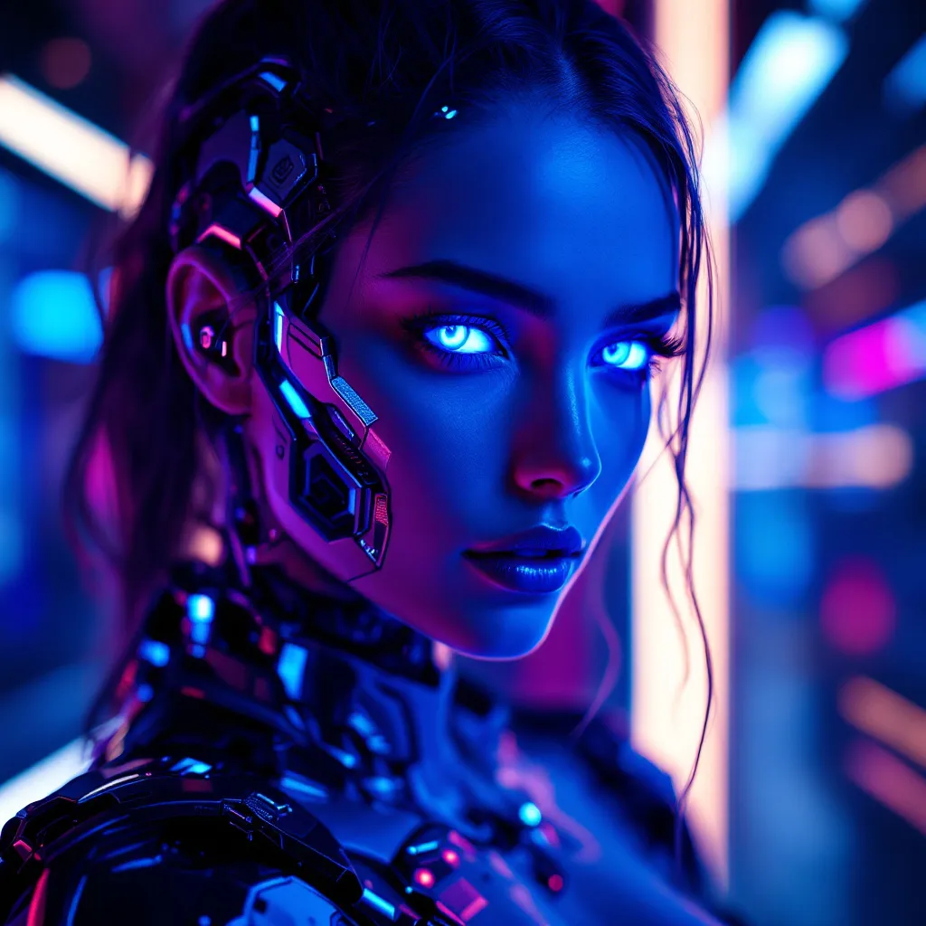 Prompt: Cybernetic Human Portrait:
"Female cyborg with glowing blue eyes, half-human half-robot, sleek neon-lit background, futuristic fashion, hyper-realistic, cinematic lighting"