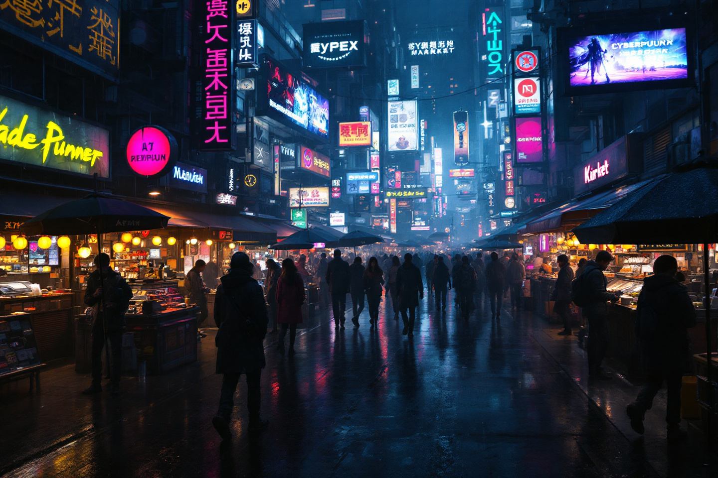 Prompt: Dystopian Cyberpunk Market:
"Crowded cyberpunk street market, neon holograms, AI vendors, augmented reality ads, rainy night, Blade Runner-inspired atmosphere"