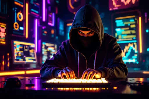 Prompt: Hacker in a Neon Room:
"Mysterious hacker wearing a hoodie, typing on a holographic keyboard, glowing screens, dark cyberpunk aesthetic, futuristic neon lighting"