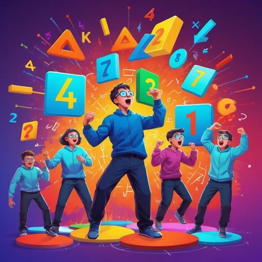 Prompt: Kahoot mental calculation series 2, digital illustration, vibrant and energetic, mathematical equations in the background, enthusiastic contestants, high energy, dynamic poses, intense concentration, futuristic, best quality, highres, detailed, digital art, vibrant colors, energetic lighting, mathematical symbols, competitive atmosphere