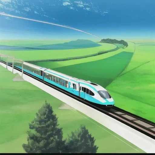 Prompt: white and blue High speed railway speeding in a green landscape