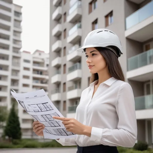 Prompt: image presenting the generation of a solid background to improve the capabilities to work in real estate activities, namely inspecting residential buildings. Focus the image on the skills from the real estate agent. Place real estate agent seen from back and without helmet. Eventually visualising areas and characteristics from the mind
