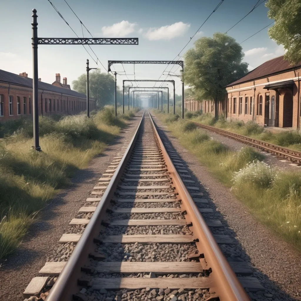 Prompt: Looking at the past and learning from it to better think about the present and plan for the future. Railway line with old elements and new elements where the old are the past and the new are the future, still in a digital format but integrating all knowledge