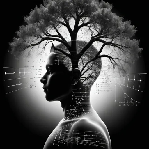 Prompt: a head of human profile gesture and cat and a tree visualized in quantum particles black and white  with equations going out and in the head of human head and all around the head of the cat and tree 