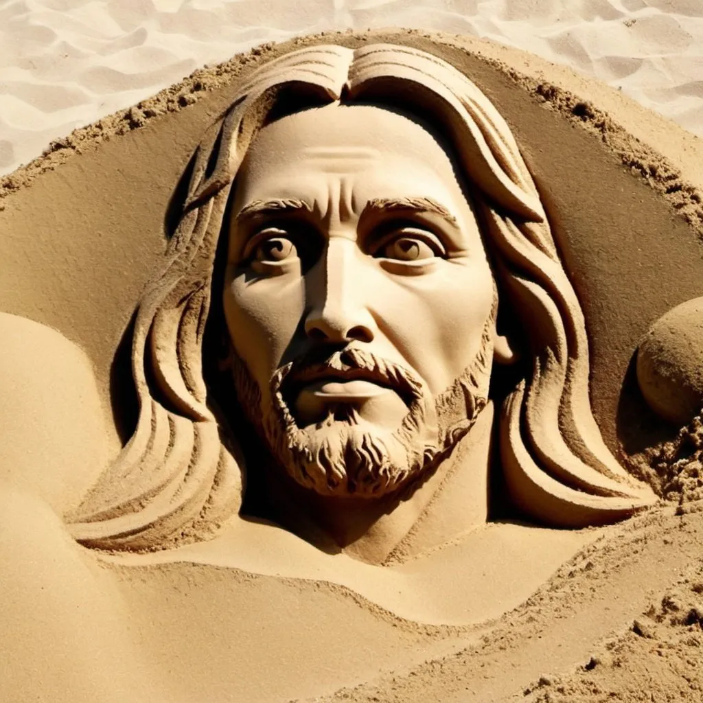 Prompt: Create a sand sculpture of Jesus Christ