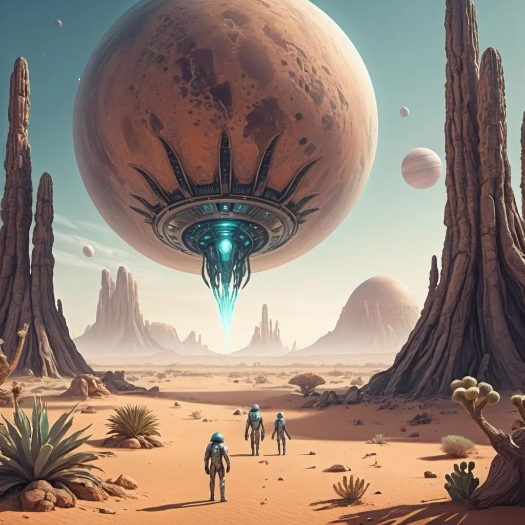 Prompt: a desert planet with alien plants and animals and with humans coming out of a spaceship 