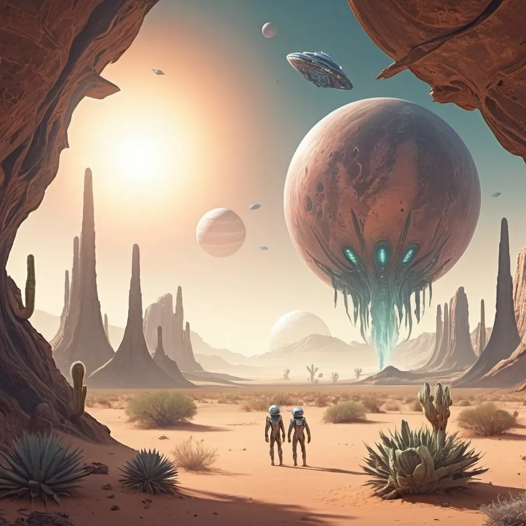 Prompt: a desert planet with alien plants and animals and with humans coming out of a spaceship 