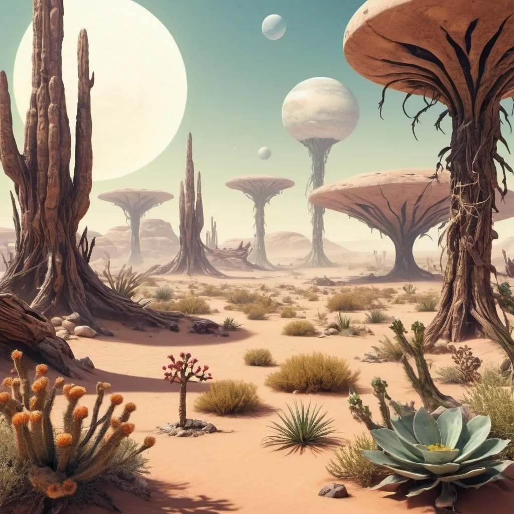 Prompt: a ecosystem on a desert planet with flora and fauna 