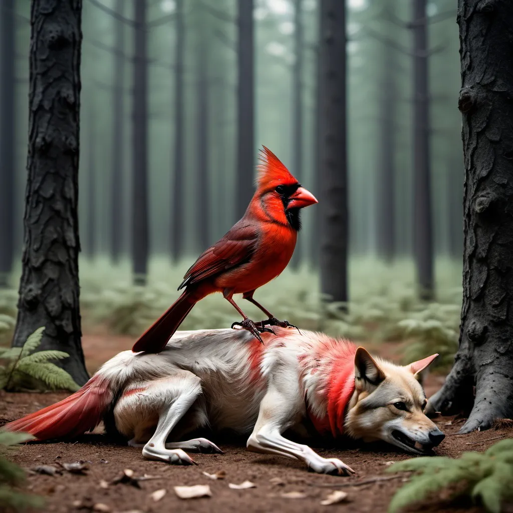 Prompt: Cardinal standing on dead wolf in a forest