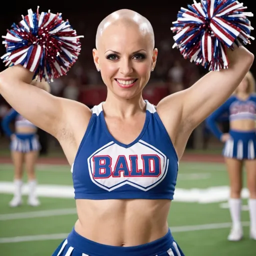 Prompt: bald woman cheerleader