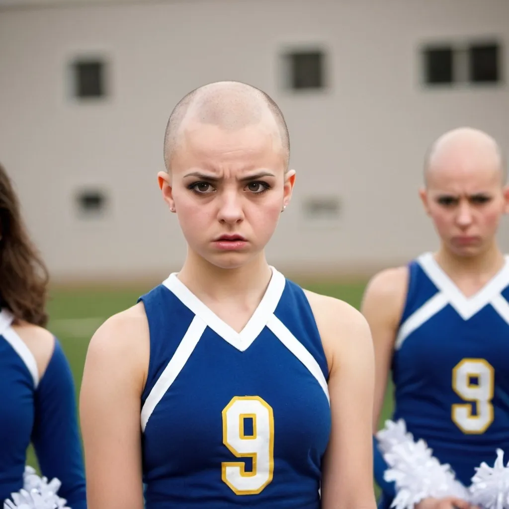 Prompt: bald teenage girl cheerleader, irked