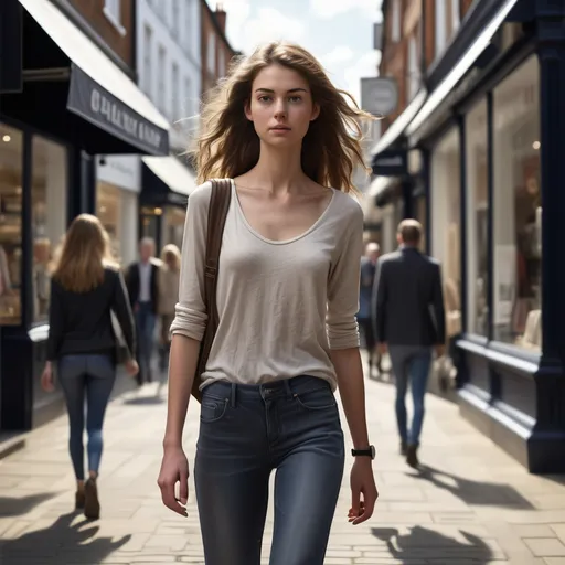 Prompt: Tall young woman walking down the high street, detailed clothing, realistic, natural lighting