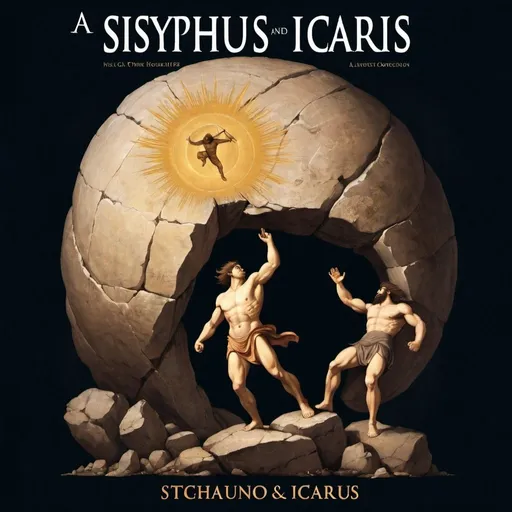 Prompt: a book cover titled "Sisyphus & Icarus" that features the two mythic characters one pushing  up a boulder and the other flying in the sky in Da Vinci style
