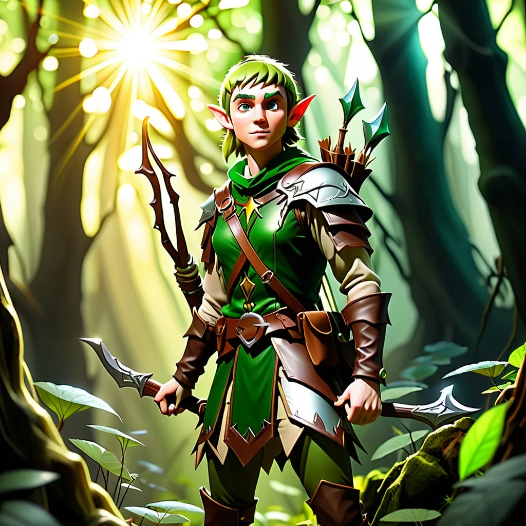 Prompt: Elf ranger in a mystical forest around sunlight