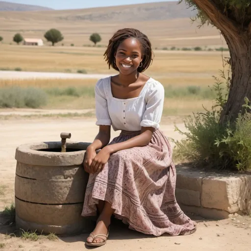 Prompt: Generate a modern image of a young african-american female wearing long skirt sitting beside a well out in the field in historic Samaria waiting on someone with a smile.