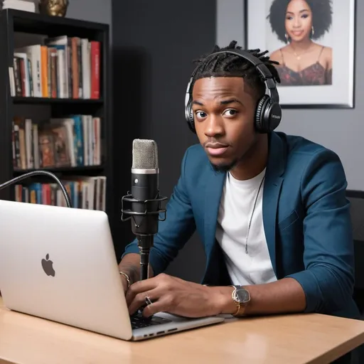 Prompt: A young black bussines youtuber sitting and à table infrote of him He is looking infronte and on the table the is a microphone and a computer open behine him the backgroud should be in and appartement very nice decorated with books and like a bussine youtube studio