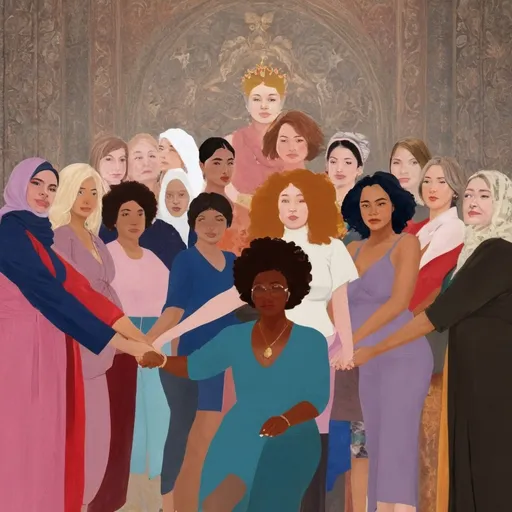 Prompt: international women's day, women in all colours, shapes,ages, backgrounds as queens  holding hands together in power showing strength, dignity, decisiveness 
