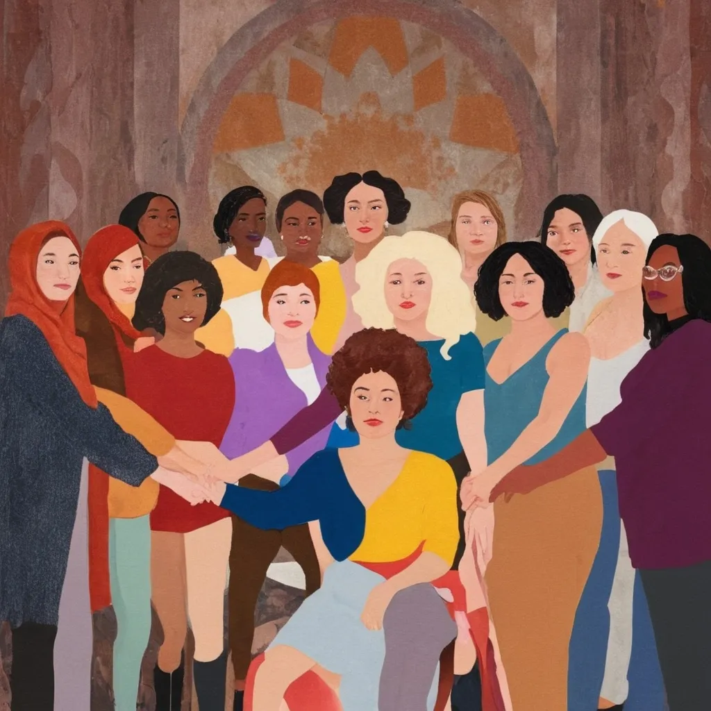 Prompt: international women's day, women in all colours, shapes,ages, backgrounds as queens  holding hands together in power showing strength, dignity, decisiveness 
