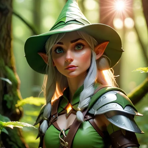 Prompt: Elf ranger in a mystical forest around sunlight