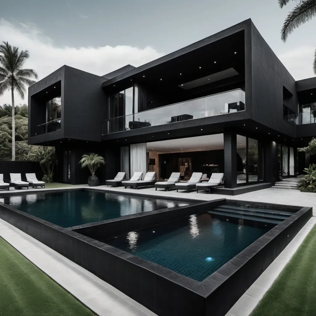 An all black on the outside very big wealthy home wi...