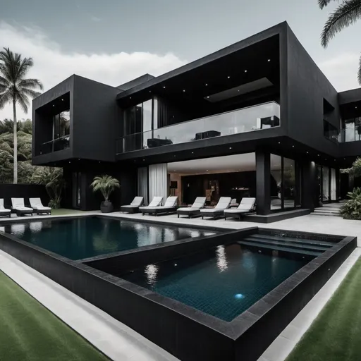 Prompt: An all black on the outside very big wealthy home with huge unique swimming pool. 