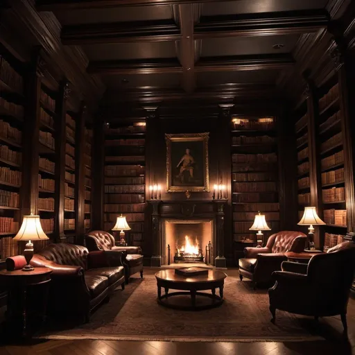 Prompt: A dark library room inside of a mansion. With a rock fire place and dim lights