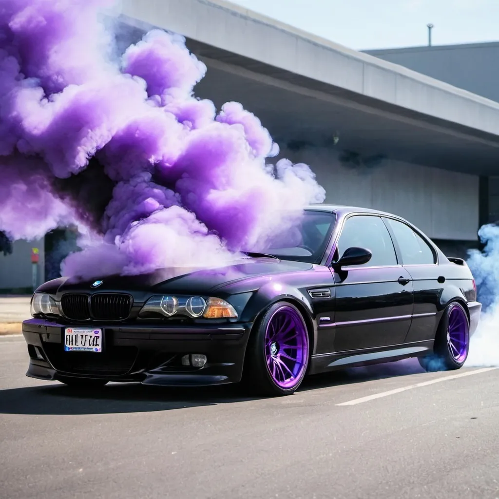 Prompt: A black bmw with purple tire smoke 