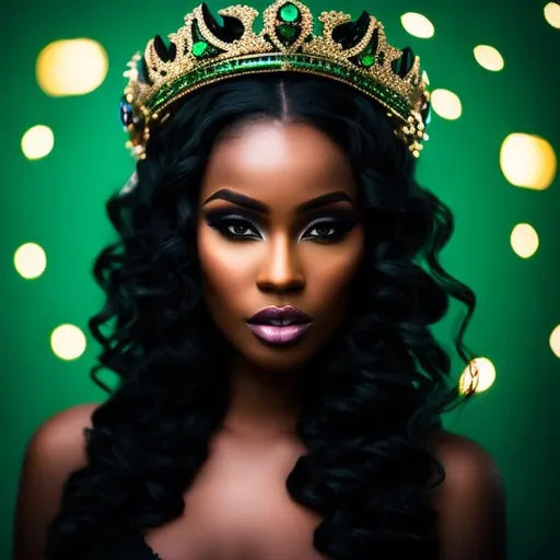 Prompt: Black woman, emerald crown, sad eyes


