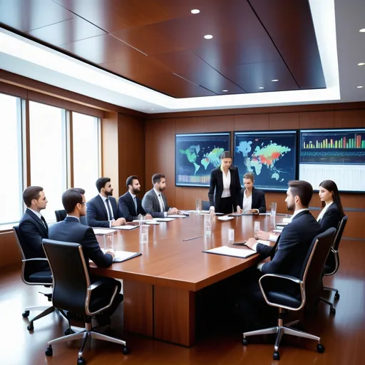 Prompt: (multinational corporate board meeting), a long, polished wooden table surrounded by elegantly dressed professionals, serious expressions, documents and laptops open before them, a large screen displaying charts and data, bright, well-lit conference room with modern decor, (professional atmosphere), vibrant lighting illuminating faces, HD, ultra-detailed.