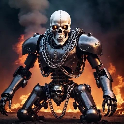 Prompt: a skull head robot with armor and his body tied in complete chains; low light isolated on mass war background; full depth photo against fire; fantasy creatures; magical tones and nuances; wide angle