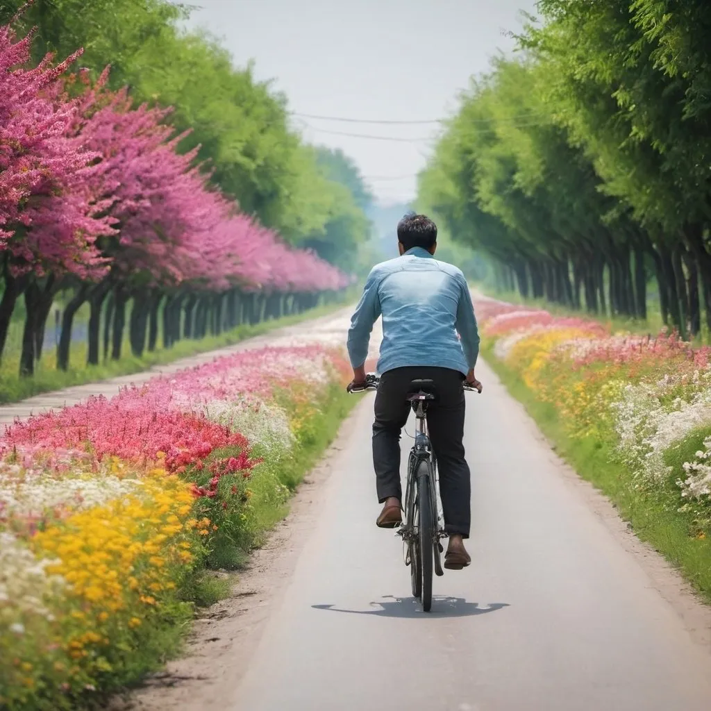 Prompt: A man riding a bike in a road and in the surroundings the flowers are blooming blossoming beautifully